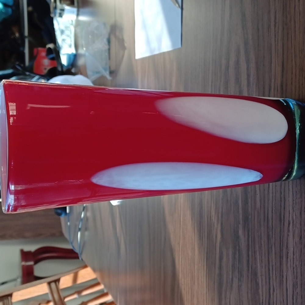 Beautiful Vibrant Red & White Tall Art Glass Vase, 10" Tall, 4" Dia.